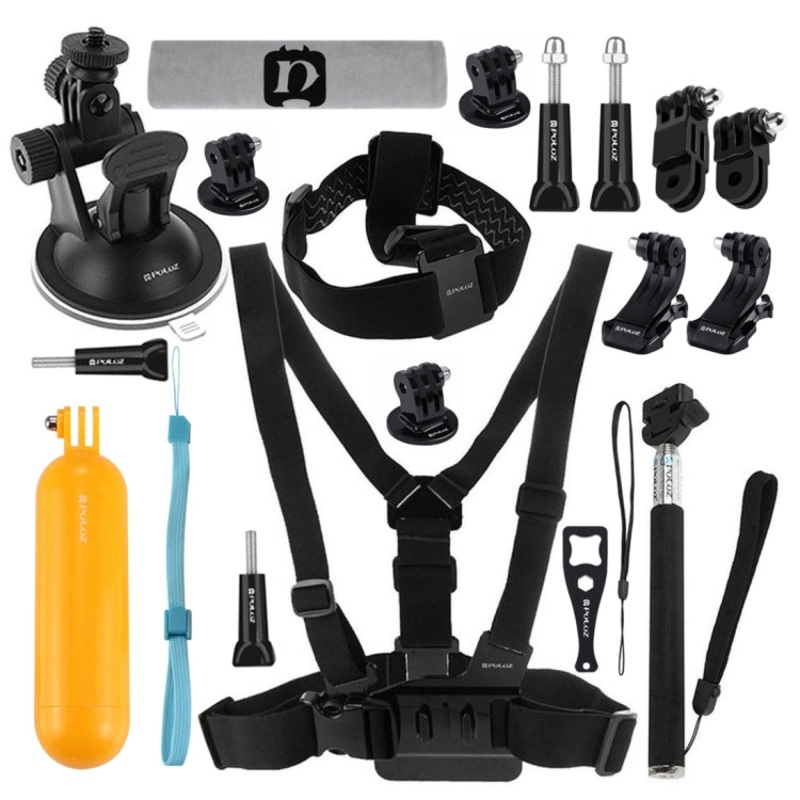 PULUZ 20 in 1 Accessories Combo Kits (Chest Strap + Head Strap + Suction Cup Mount + 3-Way Pivot Arm + J-Hook Buckles + Extendable Monopod + Tripod Adapter + Bobber Hand Grip + Storage Bag + Wrench) for GoPro, Insta360, DJI and Other Action Cameras