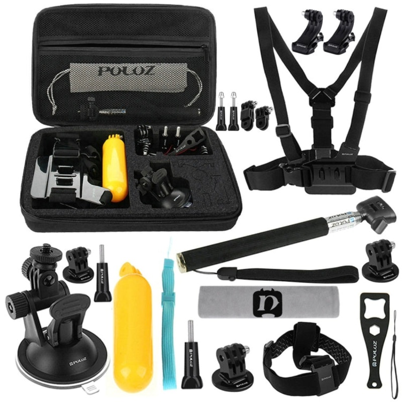 PULUZ 20 in 1 Accessories Combo Kits with EVA Case (Chest Strap + Head Strap + Suction Cup Mount + 3-Way Pivot Arm + J-Hook Buckles + Extendable Monopod + Tripod Adapter + Bobber Hand Grip + Storage B ... for GoPro, Insta360, DJI and Other Action Cameras
