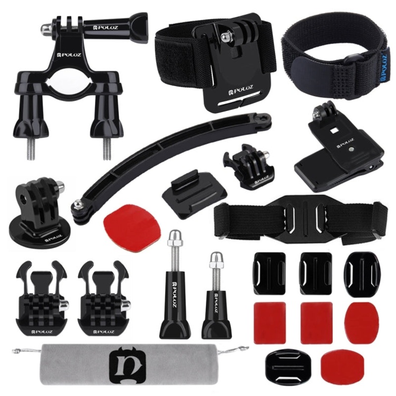 PULUZ 24 in 1 Bike Mount Accessories Combo Kits (Wrist Strap + Helmet Strap + Extension Arm + Quick Release Buckles + Surface Mounts + Adhesive Stickers + Tripod Adapter + Storage Bag + Handlebar Moun ... for GoPro, Insta360, DJI and Other Action Cameras