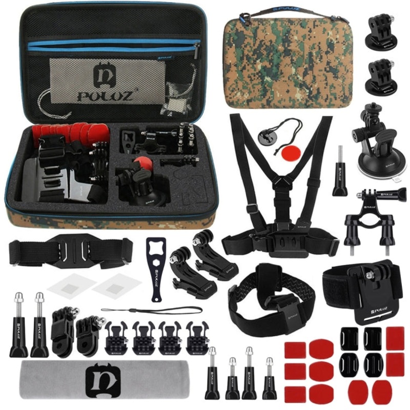 PULUZ 45 in 1 Accessories Ultimate Combo Kits with Camouflage EVA Case (Chest Strap + Suction Cup Mount + 3-Way Pivot Arms + J-Hook Buckle + Wrist Strap + Helmet Strap + Surface Mounts + Tripod Adapte ... for GoPro, Insta360, DJI and Other Action Cameras