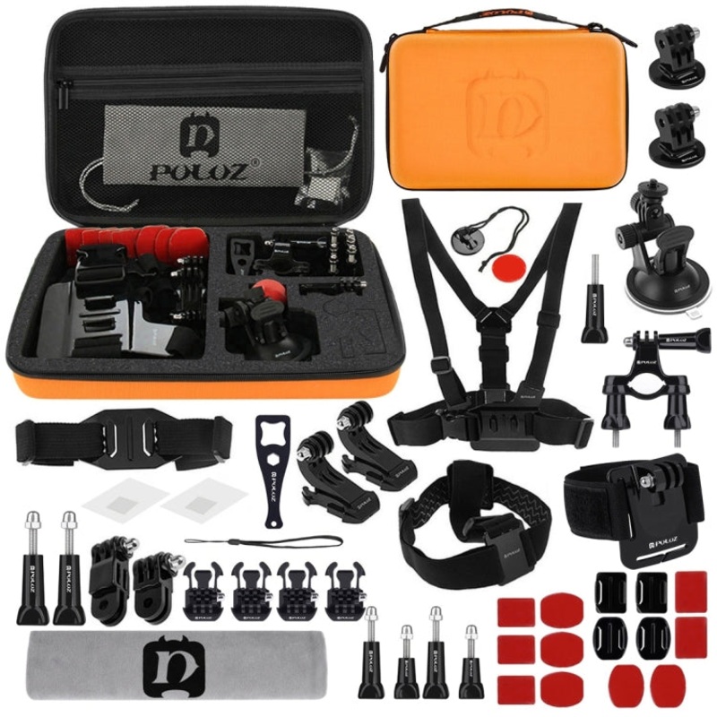 PULUZ 45 in 1 Accessories Ultimate Combo Kits with Orange EVA Case (Chest Strap + Suction Cup Mount + 3-Way Pivot Arms + J-Hook Buckle + Wrist Strap + Helmet Strap + Surface Mounts + Tripod Adapter + ... for GoPro, Insta360, DJI and Other Action Cameras