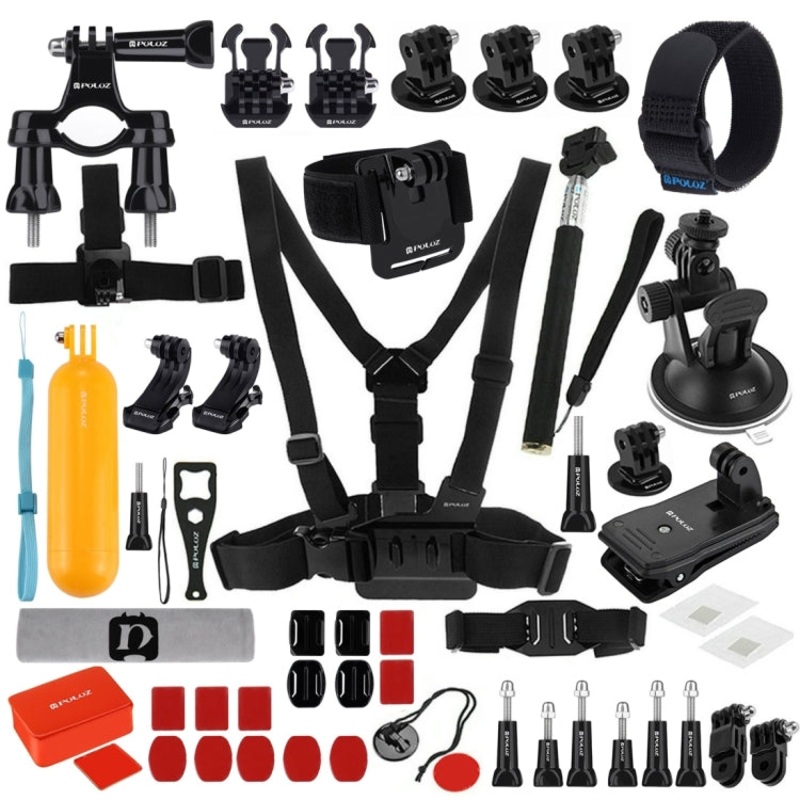 PULUZ 53 in 1 Accessories Total Ultimate Combo Kits (Chest Strap + Suction Cup Mount + 3-Way Pivot Arms + J-Hook Buckle + Wrist Strap + Helmet Strap + Extendable Monopod + Surface Mounts + Tripod Adap ... for GoPro, Insta360, DJI and Other Action Cameras