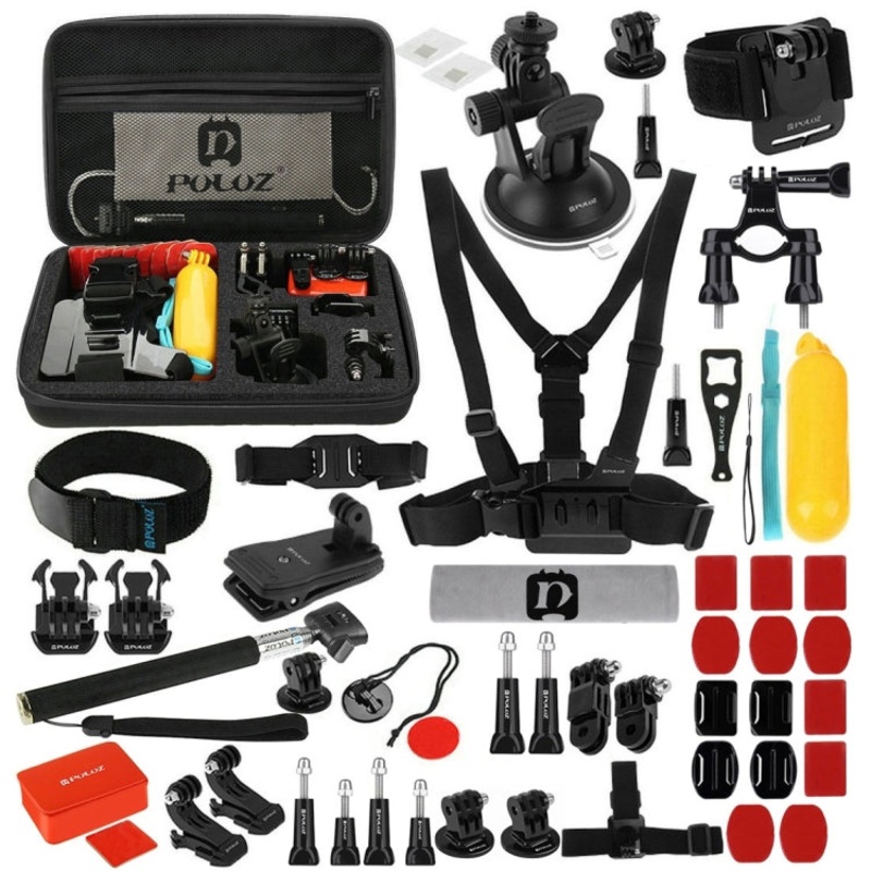 PULUZ 53 in 1 Accessories Total Ultimate Combo Kits with EVA Case (Chest Strap + Suction Cup Mount + 3-Way Pivot Arms + J-Hook Buckle + Wrist Strap + Helmet Strap + Extendable Monopod + Surface Mounts ... for GoPro, Insta360, DJI and Other Action Cameras