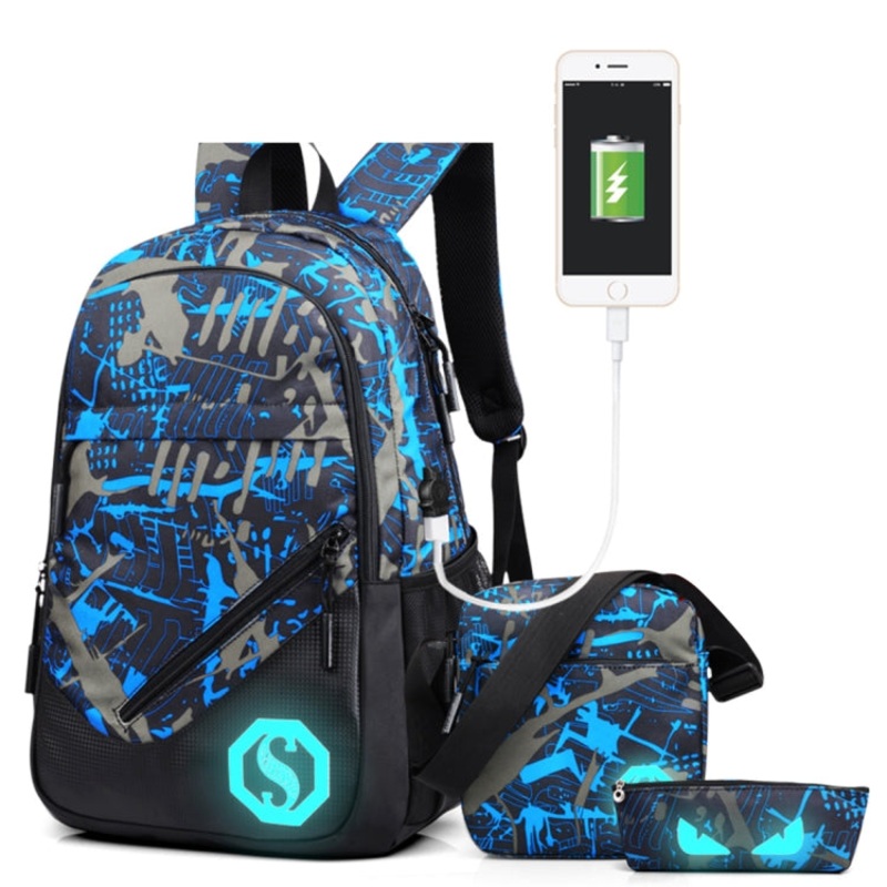 Multi-Function Large Capacity Oxford Cloth Blue and Grey Graffiti Backpack Casual Laptop Computer Bag with USB Charging Interface (45x30x15cm) for Men Women Student