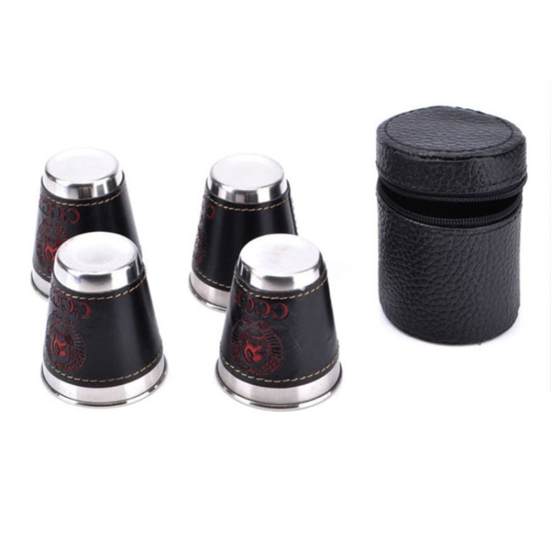 Outdoor Camping Tableware Travel Cups Set Stainless Steel Wine Beer Cup Whiskey Mugs PU Leather (70ml)
