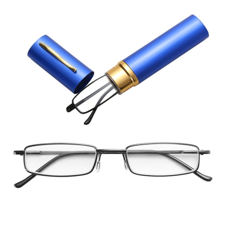 Reading Glasses Metal Spring Foot Portable Presbyopic Glasses with Tube Case +4.00D(Blue)