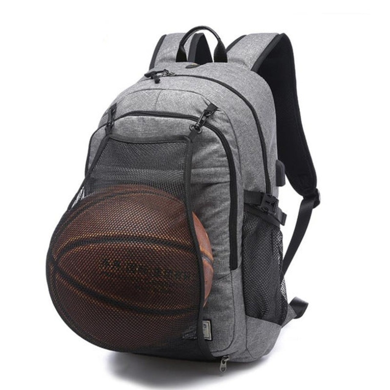 Multifunction Student Basketball Bag Men Outdoor Hiking Fitness Sports Bag with External USB Charging Port Grey (One Size)