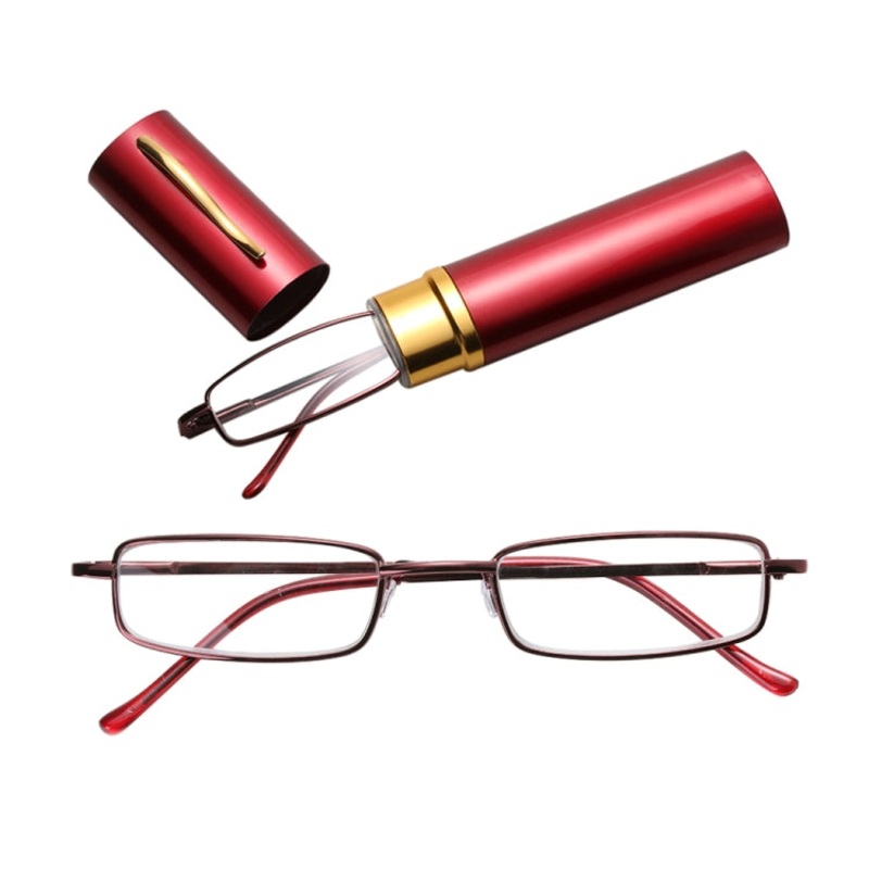 Reading Glasses Metal Spring Foot Portable Presbyopic Glasses with Tube Case +4.00D(Red)