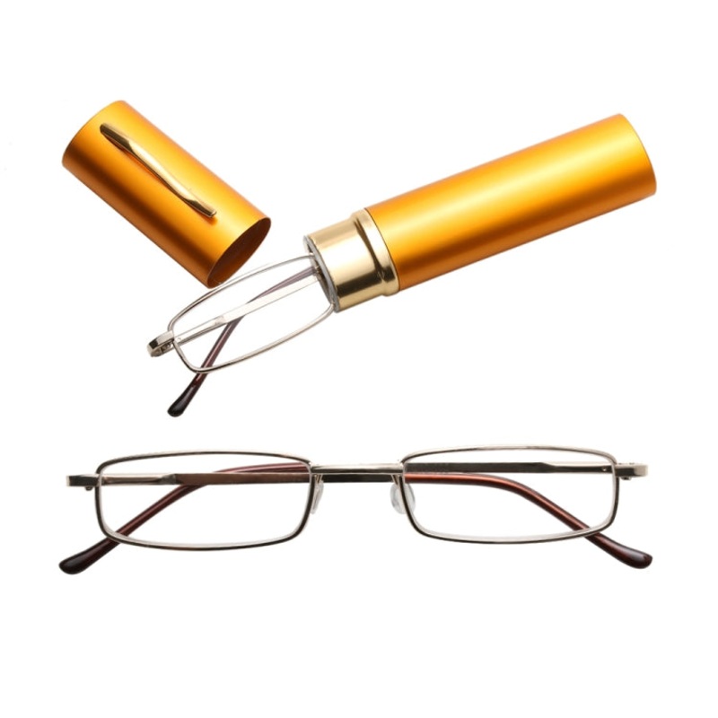 Reading Glasses Metal Spring Foot Portable Presbyopic Glasses with Tube Case +4.00D(Yellow)