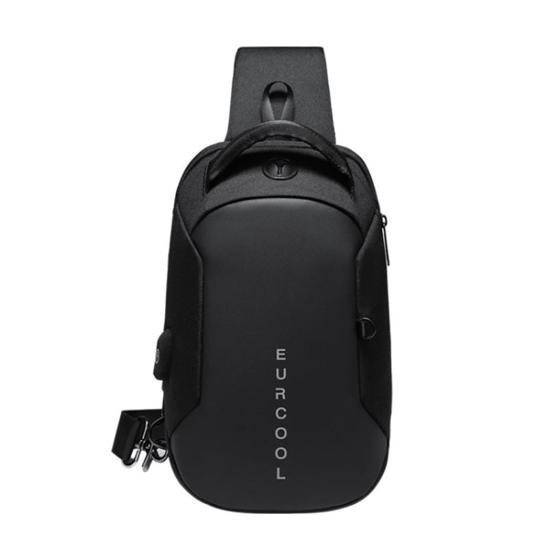 Multi Function Crossbody Men Chest Bag Water Repellent Shoulder Bag with USB Charging Port (Size L, Black)