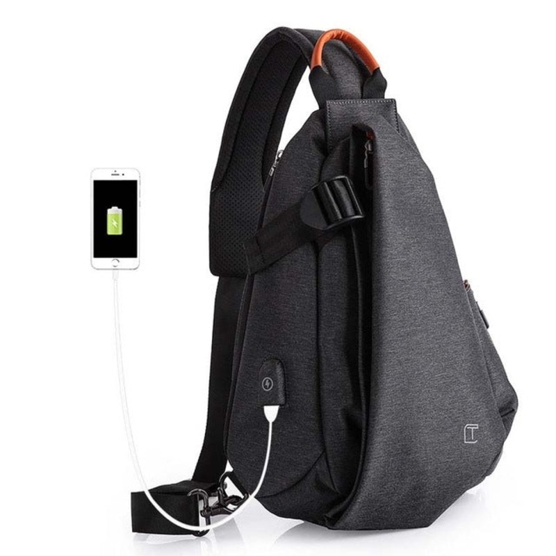 Multifunction Fashion Men Crossbody Messenger Bag with USB Charging Port (Black, L)