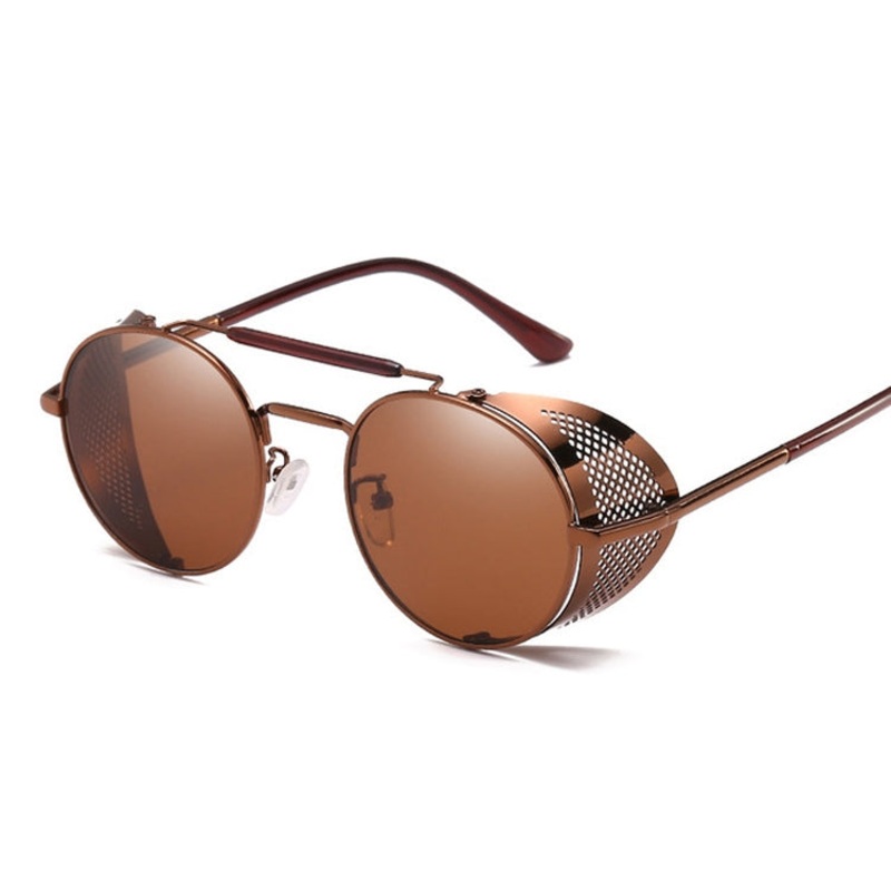 Retro Round Metal Sunglasses Unisex Design UV Protection Glasses(Coffee+Brown)