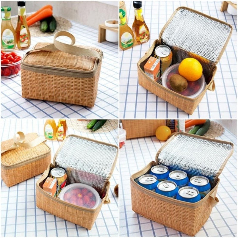 Outdoor Camping Picnic Bag Wicker Picnic Basket Case Thermal Lunch Storage Box (Khaki)
