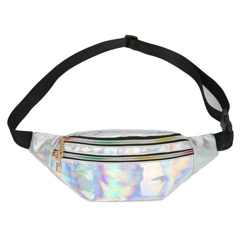 Women Punk Laser Glossy PU Double Zipper Chest Bag Casual Waist Bag (White)