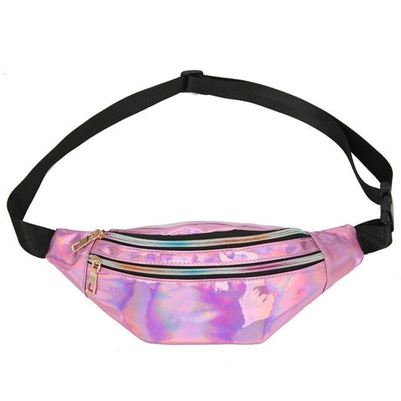 Women Punk Laser Glossy PU Double Zipper Chest Bag Waist Bag (Pink)
