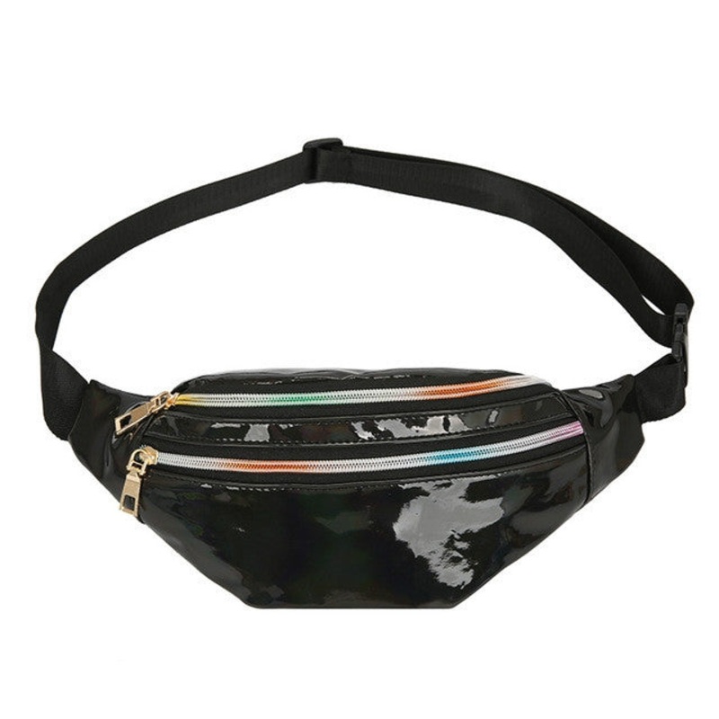Women Punk Laser Glossy PU Double Zipper Chest Waist Bag (Black)