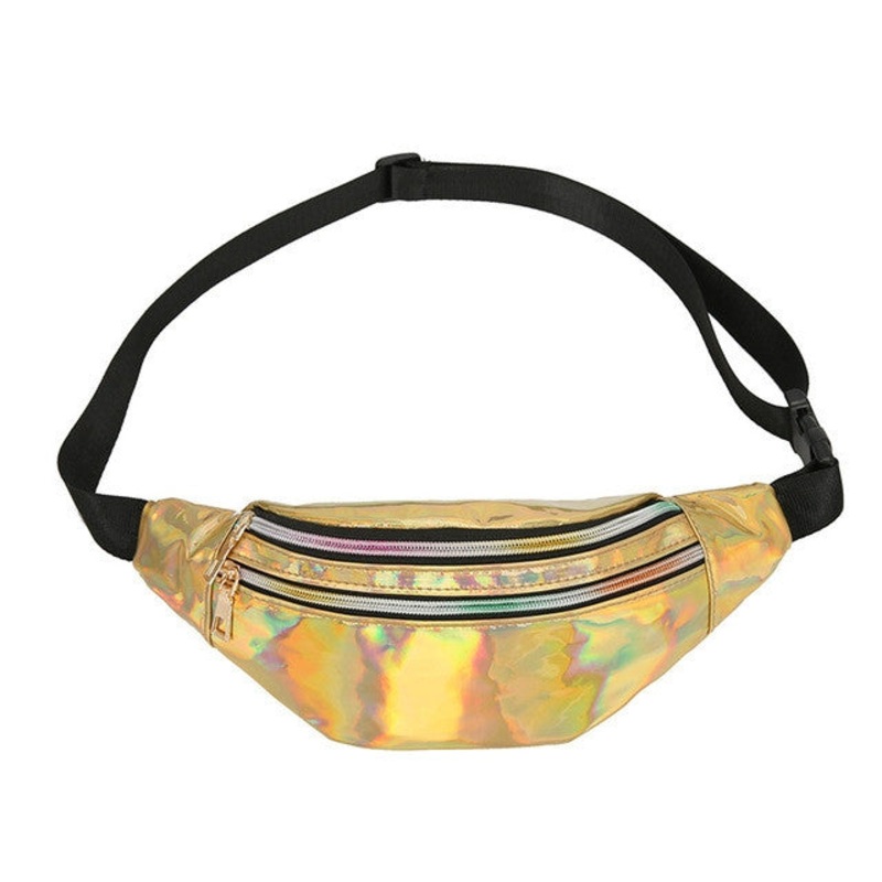 Women Punk Laser Glossy PU Double Zipper Waist Bag (Yellow)