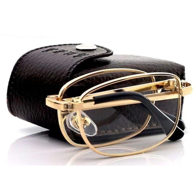 Folding Anti Blue-ray Presbyopic Reading Glasses with Case & Cleaning Cloth, +1.00D(Gold)