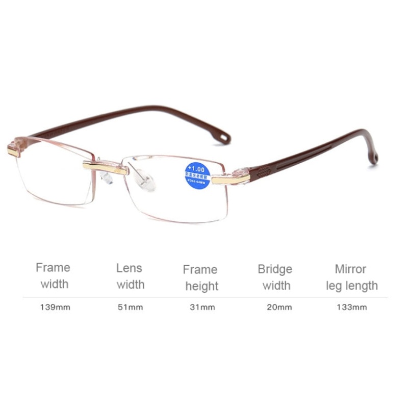 Rimless Anti Blue-ray Blue Film Lenses Presbyopic Glasses, +2.50D(Brown)