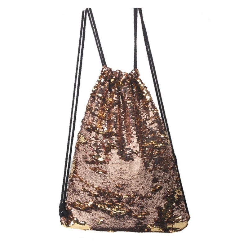 Champagne Gold Mermaid Glittering Sequin Drawstring Sports Backpack Shoulder Bag (One Size)