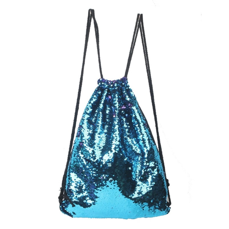 Mermaid Glittering Sequin Drawstring Sports Backpack Shoulder Bag Blue Pink (One Size)