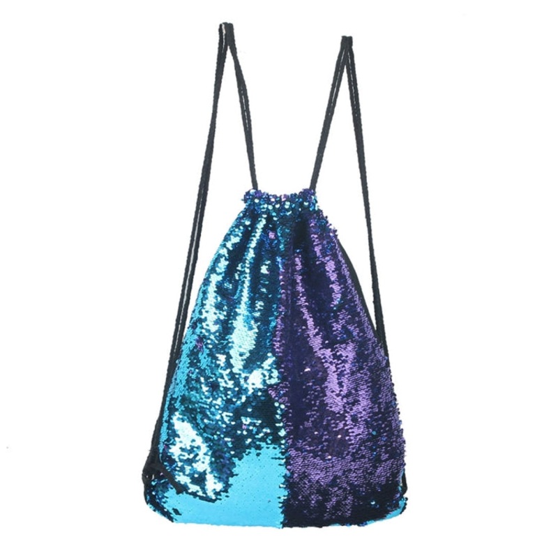 Mermaid Glittering Sequin Drawstring Sports Backpack Shoulder Bag (Blue Purple)