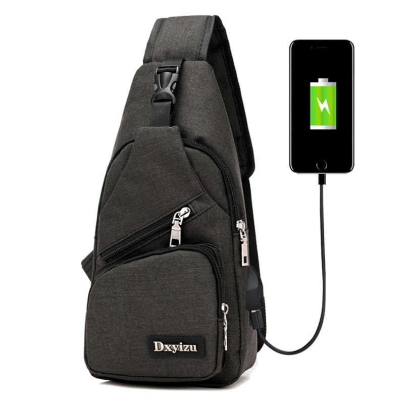 Multi-Function Portable Casual Canvas Chest Bag Outdoor Sports Shoulder Bag Waist Bag with External USB Charging Interface for Men Women Student Black