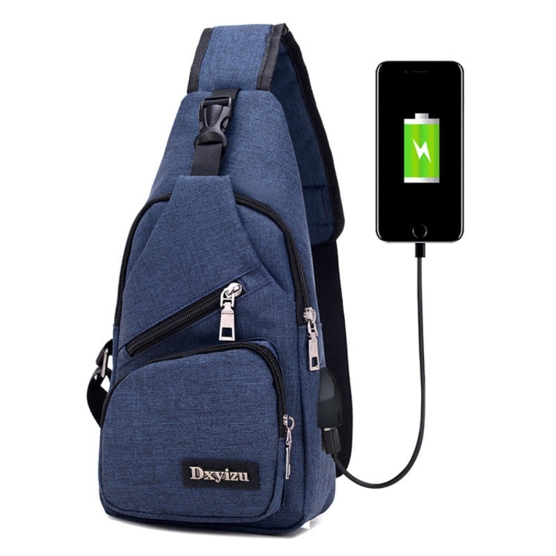 Multi-Function Portable Casual Canvas Chest Bag Outdoor Sports Shoulder Bag Waist Bag with USB Charging (Blue)