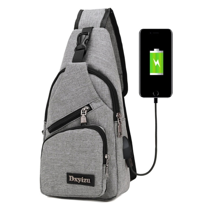 Multi-Function Portable Casual Canvas Chest Bag Outdoor Sports Shoulder Bag Waist Bag with USB Charging Interface for Men Women Student (Grey)