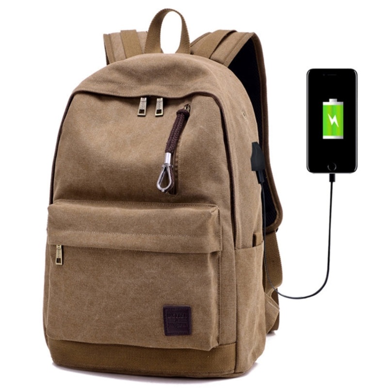 Multi-Function Travel Casual Canvas Backpack Students Bag with External USB Charging Interface & Headphone Jack (Coffee)