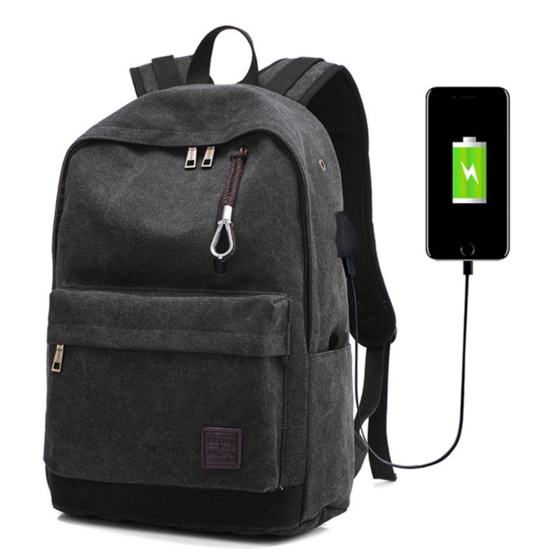 Multi-Function Travel Casual Canvas Backpack with External USB Charging Interface and Headphone Jack (Black)
