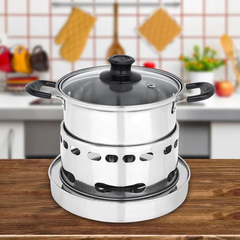 Portable Outdoor Stainless Steel Wick Alcohol Stove Single Small Pot Set (Size: 14cm)