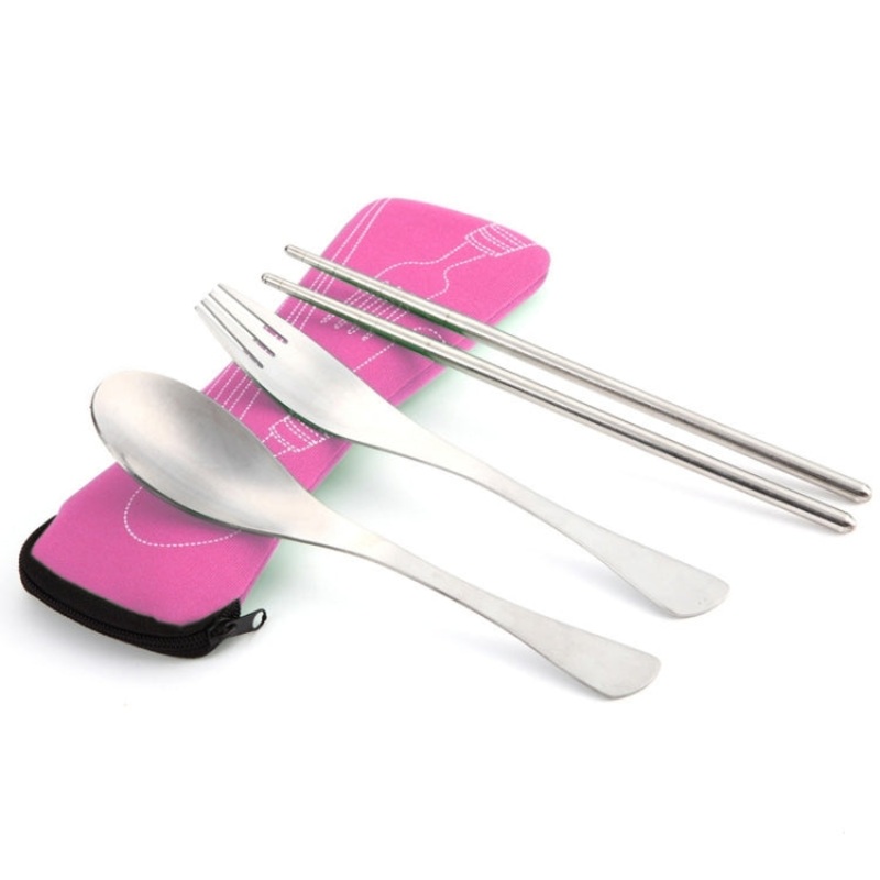 Three Piece Outdoor Cutlery Set (Rose Red) for Camping and Picnics