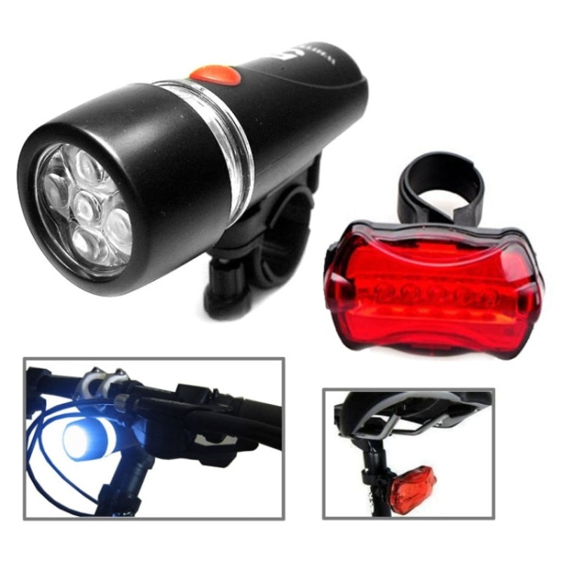 5 LED Water Resistant Bike Bicycle Head Light + Rear Safety Flashlight (Black)