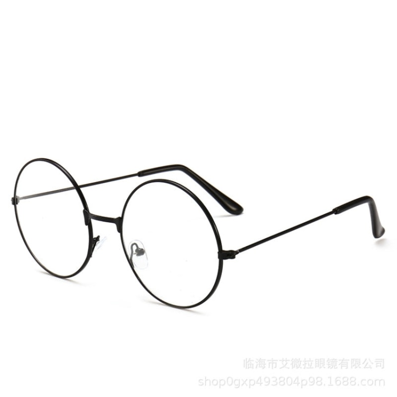 Retro Large Round Eyeglasses Metal Frame Anti Blue-ray Plain Glass Spectacles(Black)