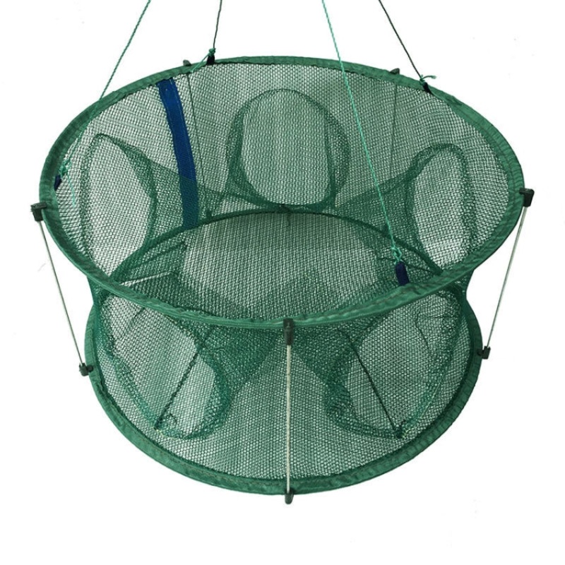 Automatic Folding Fish Net With Support Rod Fishing Cage Lobster Net Fishing Gear, Color: 5 Holes Green