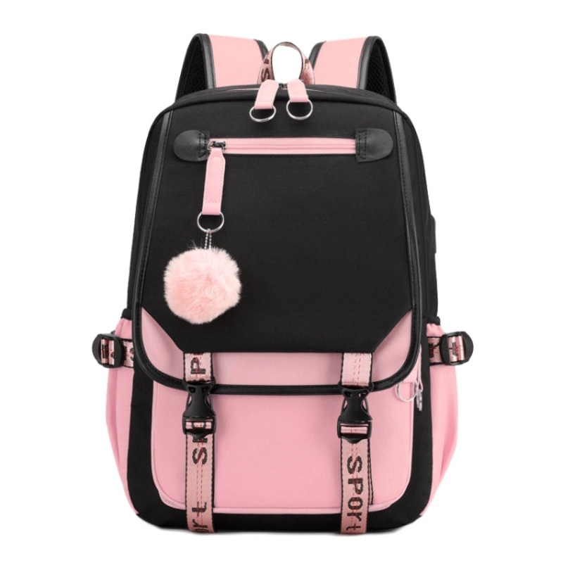Casual Outdoor Traveling Backpack Schoolbag Multi-Layer Computer Double Shoulder Bag Black Pink (One size)