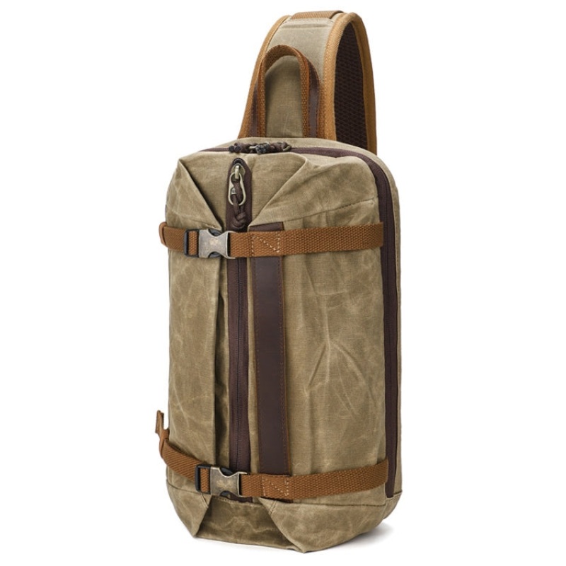 Men Waxed Canvas Chest Bag Large Capacity Crossbody Shoulder Bag Retro Khaki (1073)