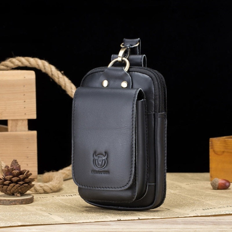 Multi-Function Cattle Leather Waist Bag Magnetic Buckle Belt Bag for Mobile Phone (Black)