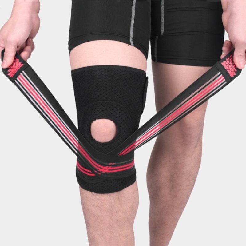 Sports Spring Supported Knee Brace Compression Protection Patella Riding Protective Gear, One Size(Black / Red)